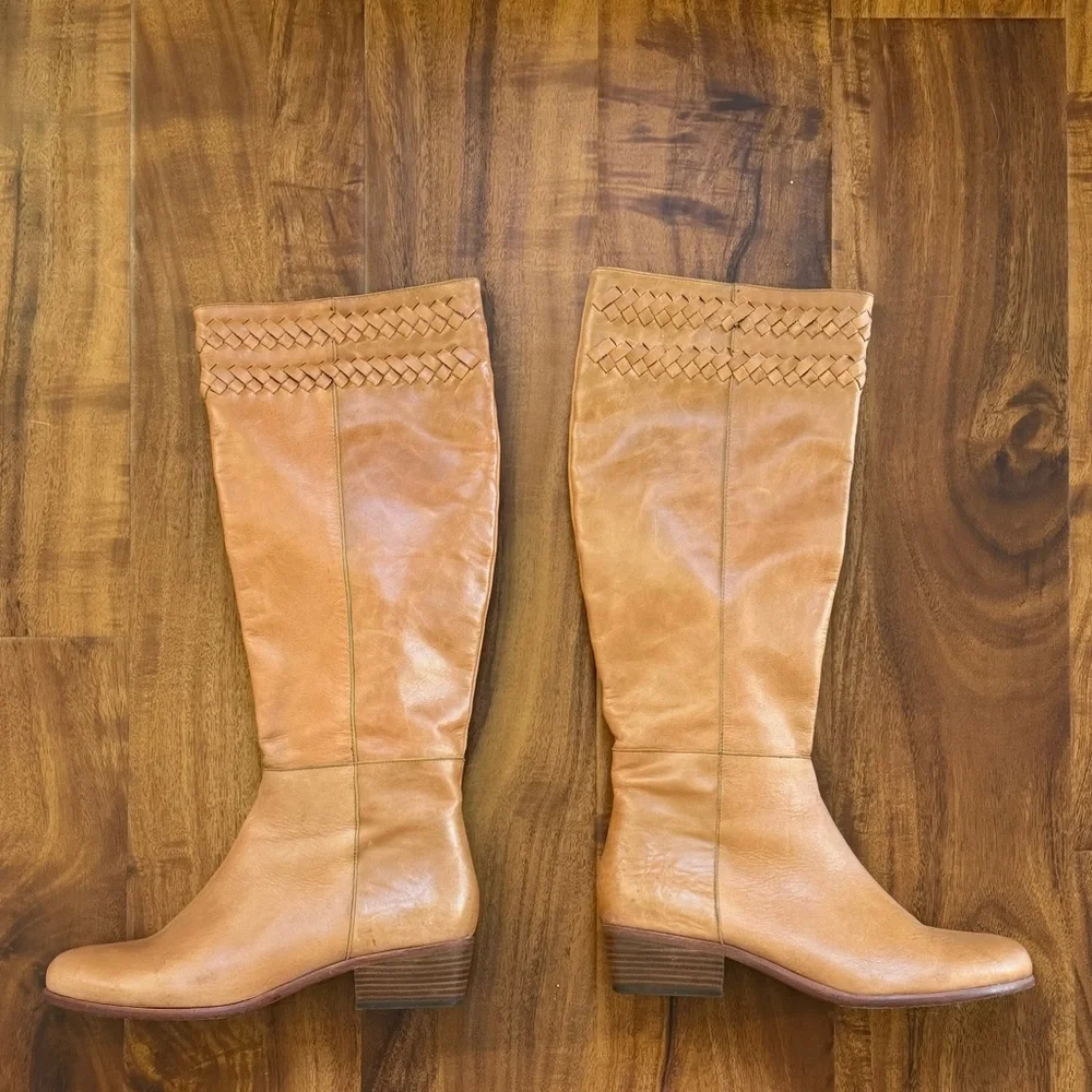 Tall Leather Braided Woven-Trim Riding Boots - Caramel Brown/Tan Women’s Size 38